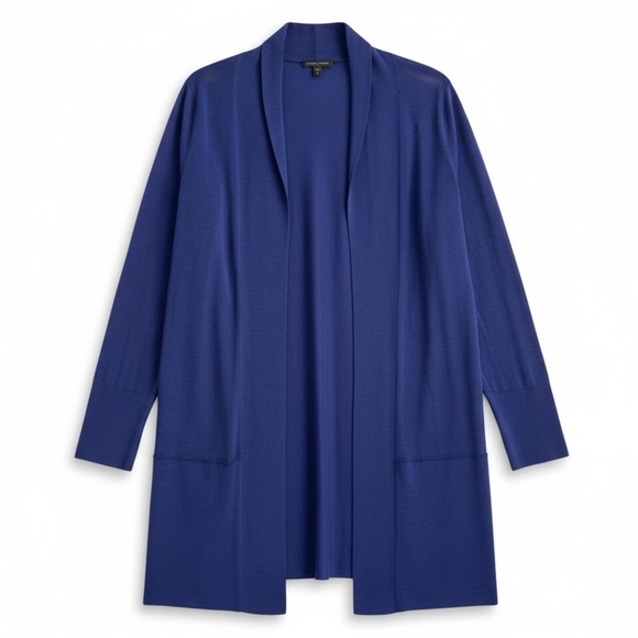 NWT Eileen Fisher Sapphire Blue Merino Wool Open Front Long Cardigan Medium - Picture 1 of 10